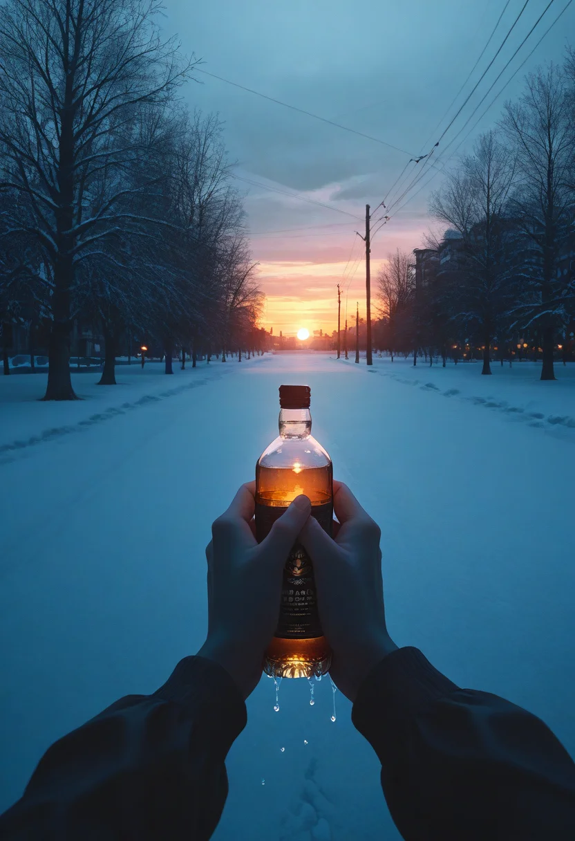 cinematic photo night shot of golden hour shot of blue hour shot of (masterpiece), (best quality), (ultra-detailed), looking at viewer,
<lora:dark_v1.9-pony:0.9> dark theme,<lora:NOOB_vp1_detailer_by_volnovik_v1:1.4> <lora:ebenya:0.8> ebenya, building, outdoors, city, rainy day in a small Russian town, overcast weather, wet trees, tree, a disheveled man lying in a snowdrift on a cold winter street, worn-out clothes covered in snow, a bottle of cheap alcohol clutched in his hand, pale and unshaven face, frost on his eyebrows, dim streetlights casting a faint glow, empty and quiet urban surroundings, a sense of loneliness and despair, from above. Cool light, twilight, peaceful, moody. Warm light, sunset/sunrise, magical, serene. Dark, lit, moody, mysterious . 35mm photograph, film, bokeh, professional, 4k, highly detailed