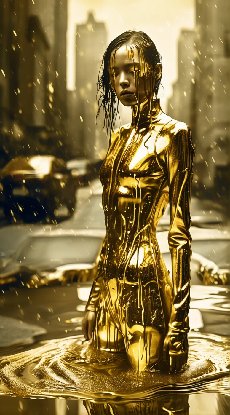 solvique full body cyborg girl in big city, made of melting gold liquid, cinematic, enigmatic,  expressive <lora:solvique:0.9>