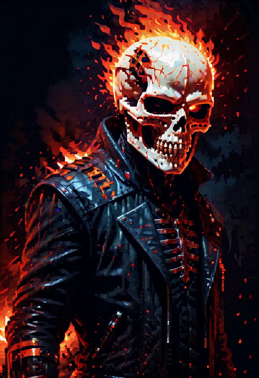 Pixel, Blazing Skeleton Knight, flames on a dark background, strong contrast between light and dark, highlighting the skull and flames, black, orange-red flames, mystery and power, close-up of the front, the skeleton occupies the center