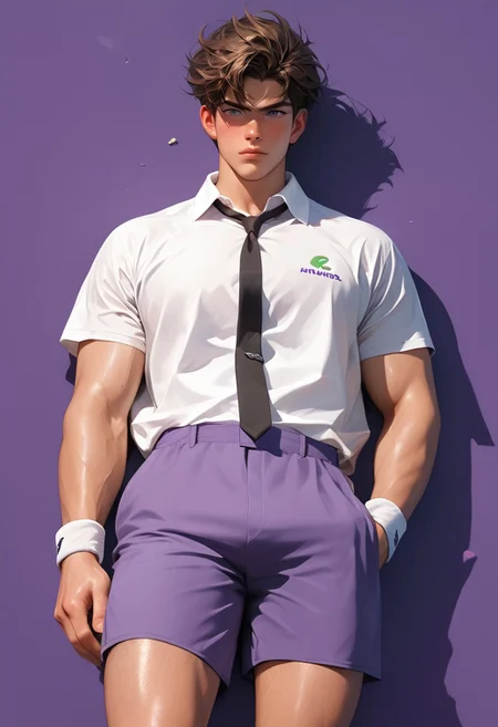 score_9, score_8_up, score_7_up,male focus, aaSKTm1n1, (B0Y1H2), (male),(solo), rosy cheeks, source_anime,rating_explicit,(best quality, highres,masterpiece), dynamic shot, arrogant,(open eyes), moan,black eyes,(brown hair:1.3), (pubes), (lying on back on tennis court:1.5),(leaning back), necktie, collared shirt, (pulled off purple shorts:1.2),(look down at viewer:1.8),perfect face, extra details, (purple background:1.4),realistic 3d style, body tilt,RAW photo, photorealistic, film grain, candid camera, color graded cinematic, (hunter eyes), macro shot, skin pores, imperfections, natural, looking at viewer, hairy thighs, angry, full body, sneakers, (from above:1.2), perfect hands,