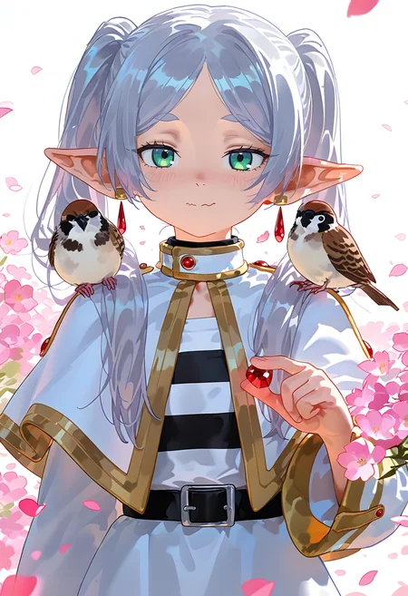 1girl, frieren, sousou no frieren, animal on shoulder, bird, bird on shoulder, black shirt, capelet, closed mouth, elf, eurasian tree sparrow, flat chest, fluffed up, fluffy, gold trim, green eyes, grey hair, long hair, parted bangs, pointy ears, shirt, simple background, smile, solo, sparrow, striped clothes, striped shirt, twintails, upper body, white capelet, white shirt, holding, looking at viewer, bird on hand, flower, gold choker, jewelry, holding animal, pink flower, long sleeves, red gemstone, wavy mouth, petals, gem, white background, blush, hair over shoulder, earrings, dangle earrings, straight-on, collared shirt<lora:nyaliaXL_NB11_lokr_V531:0.95>
