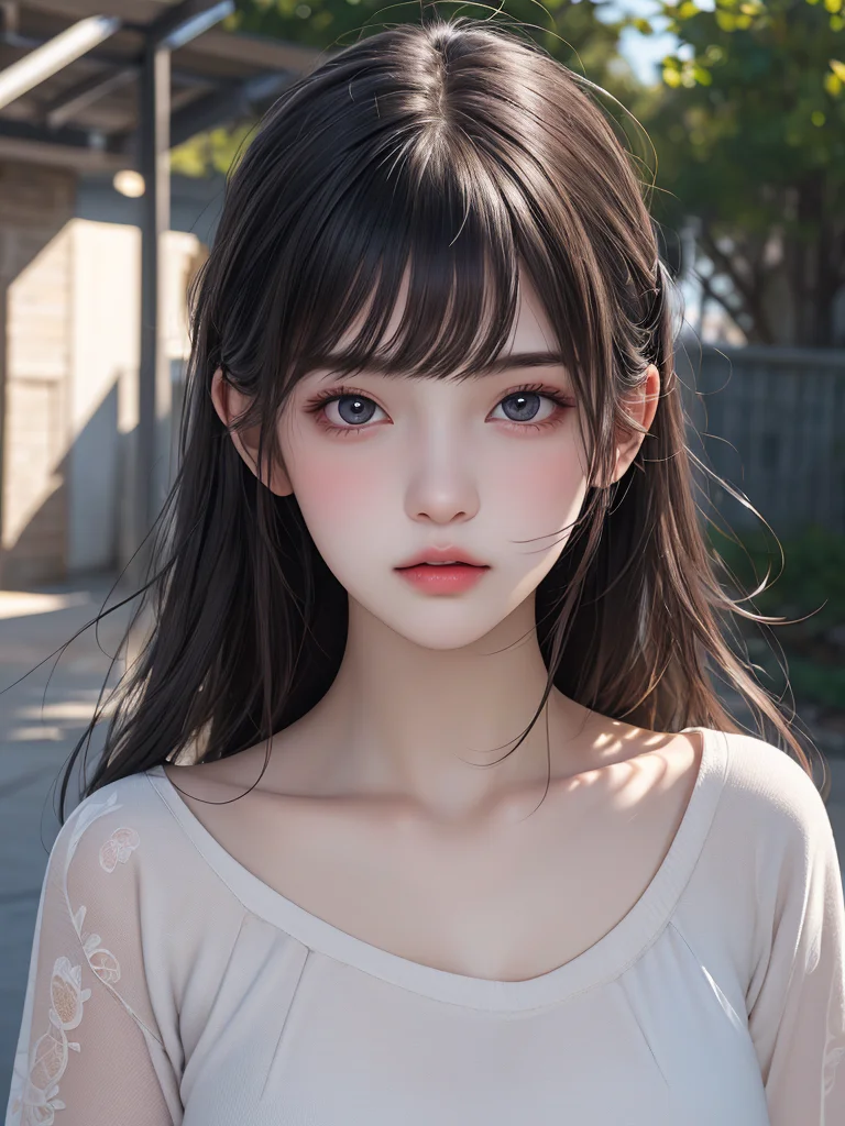 1girl, (masterpiece, best quality), RAW photo, 16k wallpaper, extremely detailed CG, amazing, ultra detailed, hyperrealistic, official art, High quality texture, incredibly absurdres, highres, 18 years old, cute girl, beautiful face, detailed large black eyes,random background,outdoors,full body, ((random expressions)),