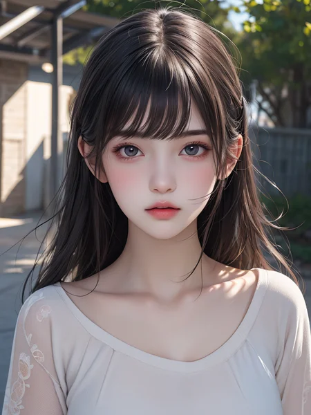 1girl, (masterpiece, best quality), RAW photo, 16k wallpaper, extremely detailed CG, amazing, ultra detailed, hyperrealistic, official art, High quality texture, incredibly absurdres, highres, 18 years old, cute girl, beautiful face, detailed large black eyes,random background,outdoors,full body, ((random expressions)),