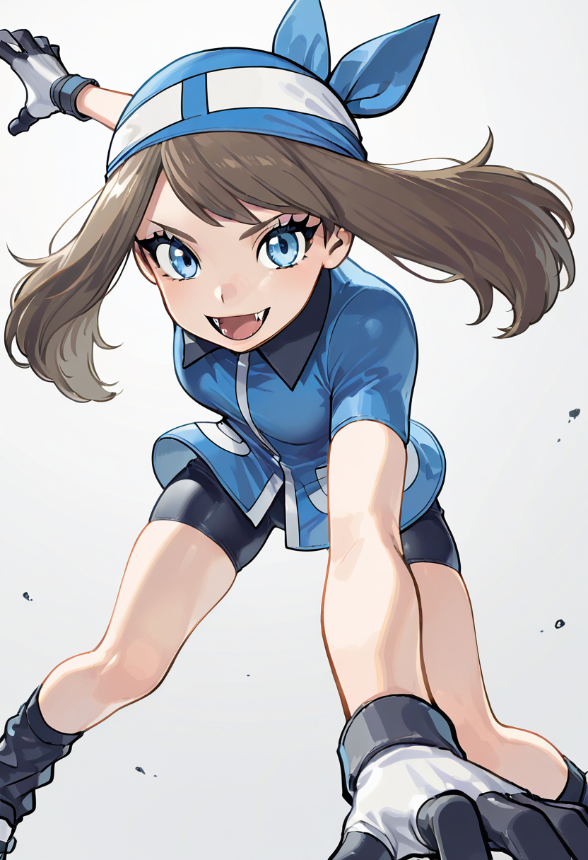 masterpiece, best quality, 1girl, eyelashes, (beautiful eyes), looking at viewer, smile,   zzSapphire, gloves, fangs, bike shorts, black socks, blue bandana,  (dynamic pose, foreshortening),  ,<lora:SapphireBirchPokemon_IXL:1.0>,