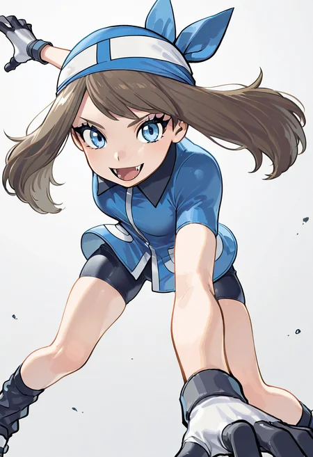 masterpiece, best quality, 1girl, eyelashes, (beautiful eyes), looking at viewer, smile, zzSapphire, gloves, fangs, bike shorts, black socks, blue bandana, (dynamic pose, foreshortening), ,<lora:SapphireBirchPokemon_IXL:1.0>,