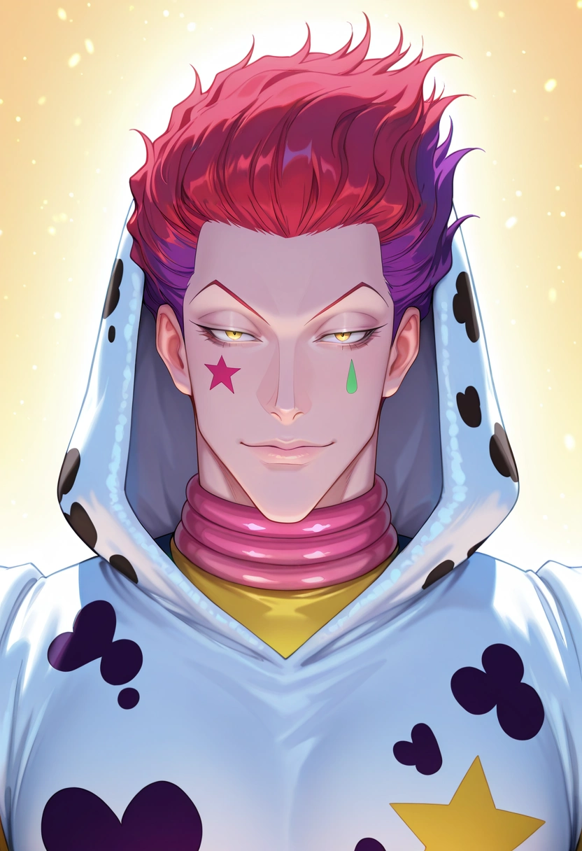 masterpiece, best quality, , (realistic:0.6), looking at viewer, 1boy, solo, male focus, <lora:hisoka_morow_ilxl:0.92>, hisoka_morow, red hair, yellow eyes, facial mark, star \(symbol\), , dalmatian costume