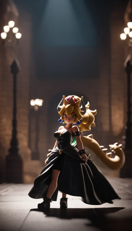 cinematic film still Cinematic scene, hero view, Bowsette <lora:bowsette_xl_v1:1>, tail, action pose, detailed background, masterpiece, best quality, high quality, absurdres . shallow depth of field, vignette, highly detailed, high budget Hollywood movie, bokeh, cinemascope, moody, epic, gorgeous, film grain, grainy
