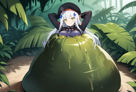 NSFW, looking down, masterpiece, best quality, amazing quality, very aesthetic, score_9,score_8_up, score_7_up, score_6_up, BREAK, official art, solo, outdoors, upper body, (portrait:1.5), looking at viewer, facing viewer, blush, hk416 (girls' frontline), hat,beret, black headwear, very long hair, white hair, x hair ornament, sidelocks, blunt bangs, green eyes, facial mark, teardrop, military jacket, purple jacket, clothes writing, uniform, white gloves, long sleeves, black sleeve, german flag, large breasts, skindentation, <lora:HK416(gf)-Pony:1.3>, (score_9, score_8_up, score_7_up, score_6_up, score_5_up, score_4_up), source_anime,<lora:vore_lower_body-2:1>, slime creature, restrained, vore, Like like, monster, <lora:Like like illus:1>, arms out, arms behind head, Creature massaging her, (jungle:1.2), (blushing), looking down, palmtree blurry background depth of field, (from above:1.3), seductive smile