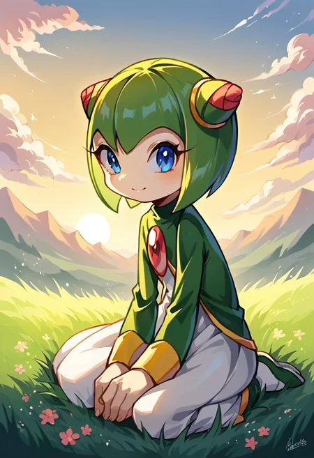 BREAK Score_9, Score_8_up, Score_7_up, source_anime, 1girl, solo, cosmox, blue eyes, sitting, grass, sunset, perfecteyes, (negative_hand),