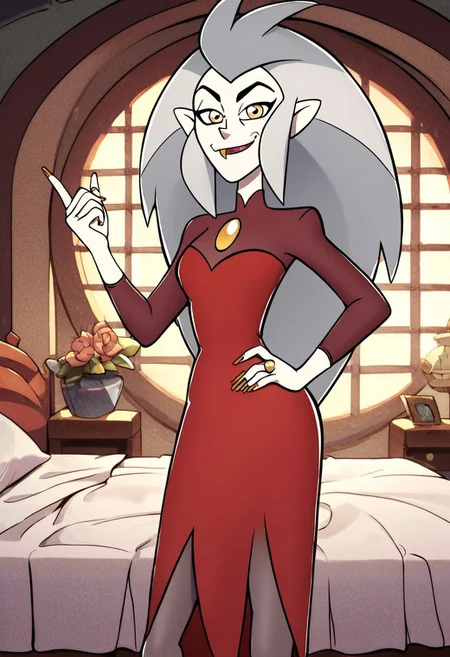 score_9, score_8_up, score_7_up, score_6_up, score_5_up, score_4_up, masterpiece, high quality, detailed, best quality, white bed, solo, rating_safe, source_cartoon, white bed, indoors, bedroom, smiling, happy, closed mouth, seductive, looking at viewer, standing, window. hand on own hip, detailed eyes, 1girl, Eda Clawthorne \(the owl house\), mature female, grey hair, long hair, pointy ears, fang, orange nails, pale skin, yellow eyes, red dress, long dress, long sleeves, pantyhose, midriff