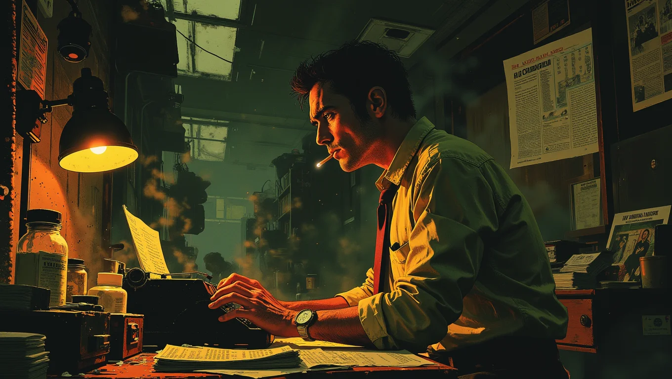 A hard-nosed journalist in a wrinkled shirt and tie, sitting in a cramped newsroom. He furiously types on a typewriter, cigarette smoke curling above his head. His desk is cluttered with papers and photographs, his focus unyielding as he chases the next big story
<lora:Luminous_Shadowscape:0.7>
