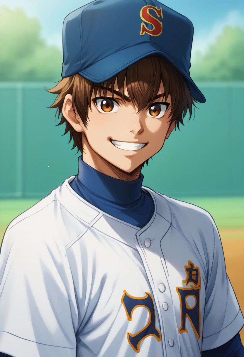 score_9, score_8_up, score_7_up, source_anime, highly detailed, 
eijun, 1boy, solo, male focus, brown hair, hat, baseball uniform, baseball cap, blue headwear, sportswear, brown eyes,  smile, upper body,