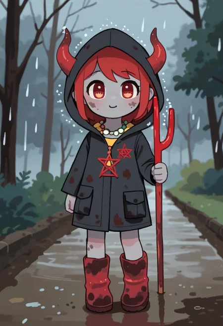 score_9, score_8_up, score_7_up, BREAK
highres, highly detailed, high resolution, high quality,
source_anime, anime screencap, saturation, vivid colors,
1girl, solo, luce, full body, standing, demon girl,
(dark red hair:1.2), (big dark red eyes:1.1), medium hair, cute, (grey skin:1.1), (horns:1.2),
(long black raincoat:1.1), dirty black rubber boots,
pentagram necklace, holding red trident,
cute, bokeh,
blurry background, forest background, path, rain,
stkyswt