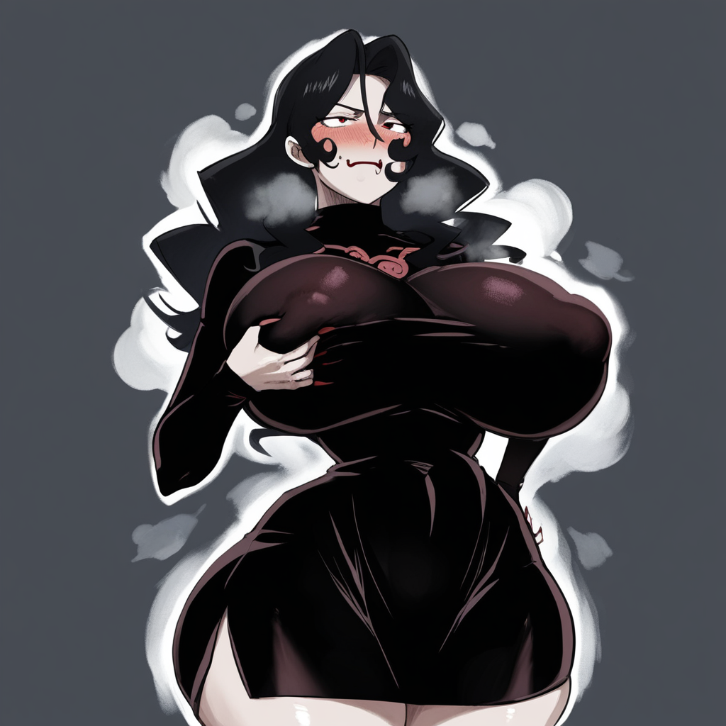 score_9, score_8_up, score_8, (source_anime), fullmetal_alchemist, fullmetal_alchemist_style, lust_(fma), BREAK, lust\(fullmetal_alchemist\), 1woman, source_anime, 2.5D, huge breasts, tiny waist, big ass, blush, perfect face, 1woman, black dress, impossible dress, steaming_body, simple background