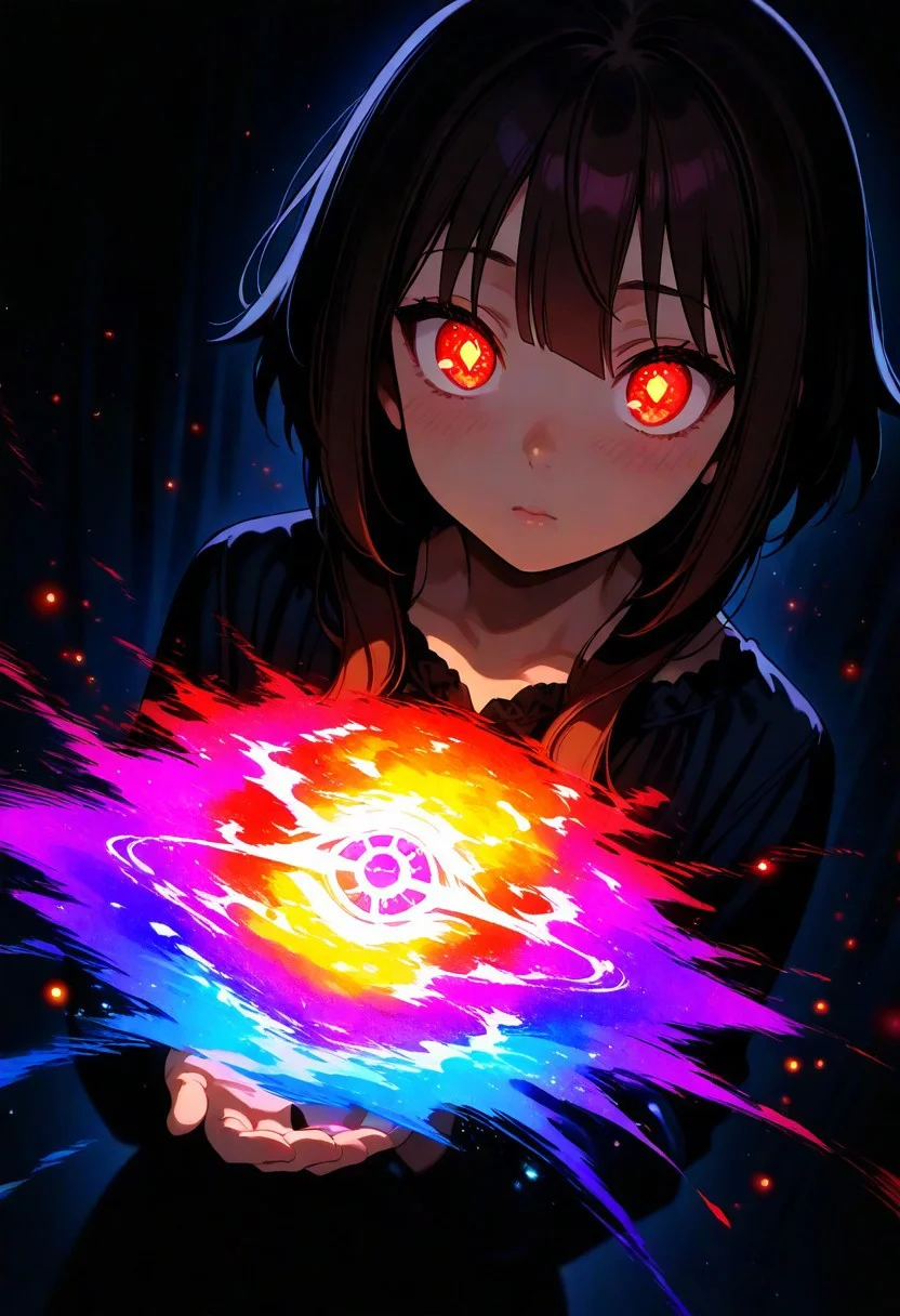 Megumin, masterpiece, best quality, amazing quality, very aesthetic, absurdres, newest, 1girl, light from the back, Megumin, brown hair, red glowing eyes, sweet eyes, looks at the viewer, Just the head, very close, focused, face under shadow, body under shadow, dark, dark, hard to see, bright lights, a lot of darkness, black nightgown, lips, thin lips, narrow mouth, solo, upper body, backlighting, from above, dutch angle, eye is covered with a hand, a glove on her hand, a magic symbol on her hand, magic symbol on the back of the palm, glowing, red, bright, particles of magic,, colorful, masterpiece, best quality, amazing quality, very aesthetic, absurdres, newest, soft light, explosion of colors, masterpiece, best quality, colorful, bright, multicolored, bright colors of paint, masterpiece, best quality, amazing quality, very aesthetic, absurdres, lots of multicolored rainbow light, focus on the face, lots of soft light, soft colors, lots of colorful particles, dark, hard to see,