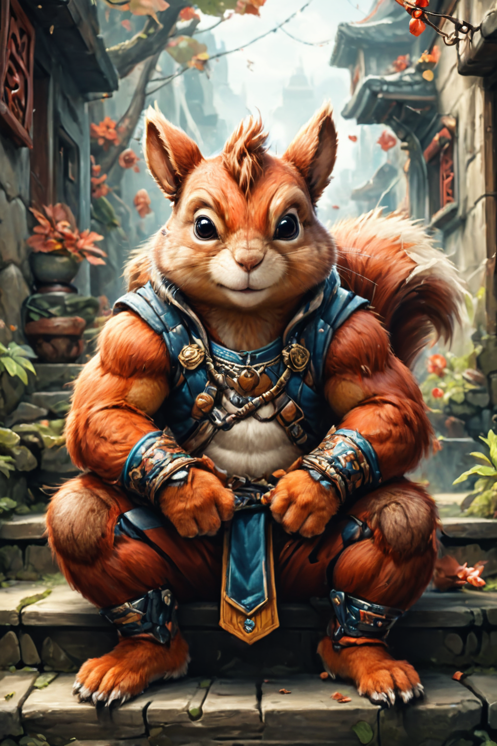 Detailed digital portrait of an anthro Squirrel (Sitting gracefully on steps) at a Cybernetic martial artists in virtual dojo, <lora:xl_more_art-full_v1:0.5>,  <lora:The_Crazy_Style:0.7> <lora:anthro_muscular:0.7>