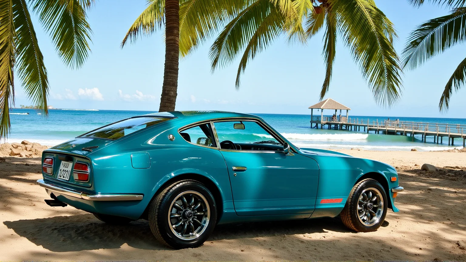 On the edge of a sunlit tropical beach, a 1972 Nissan Datsun 240Z Fairlady in vibrant turquoise sits parked near the shore. Its sleek hood reflects the shimmering ocean waves, and its chrome side mirrors glint under the bright sun. Palm trees sway gently in the warm breeze, their shadows dancing on the carâs glossy surface. In the background, a small wooden pier juts out into the turquoise water, completing the idyllic tropical scene
<lora:ral-nssndtsn_000001000:1>