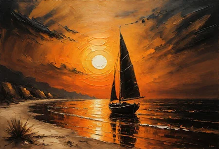 Impressionist oil painting on an old canvas, sunset on the beach , yatch on the sea, energetic strokes, black and bronze palette, fine and detailed strokes