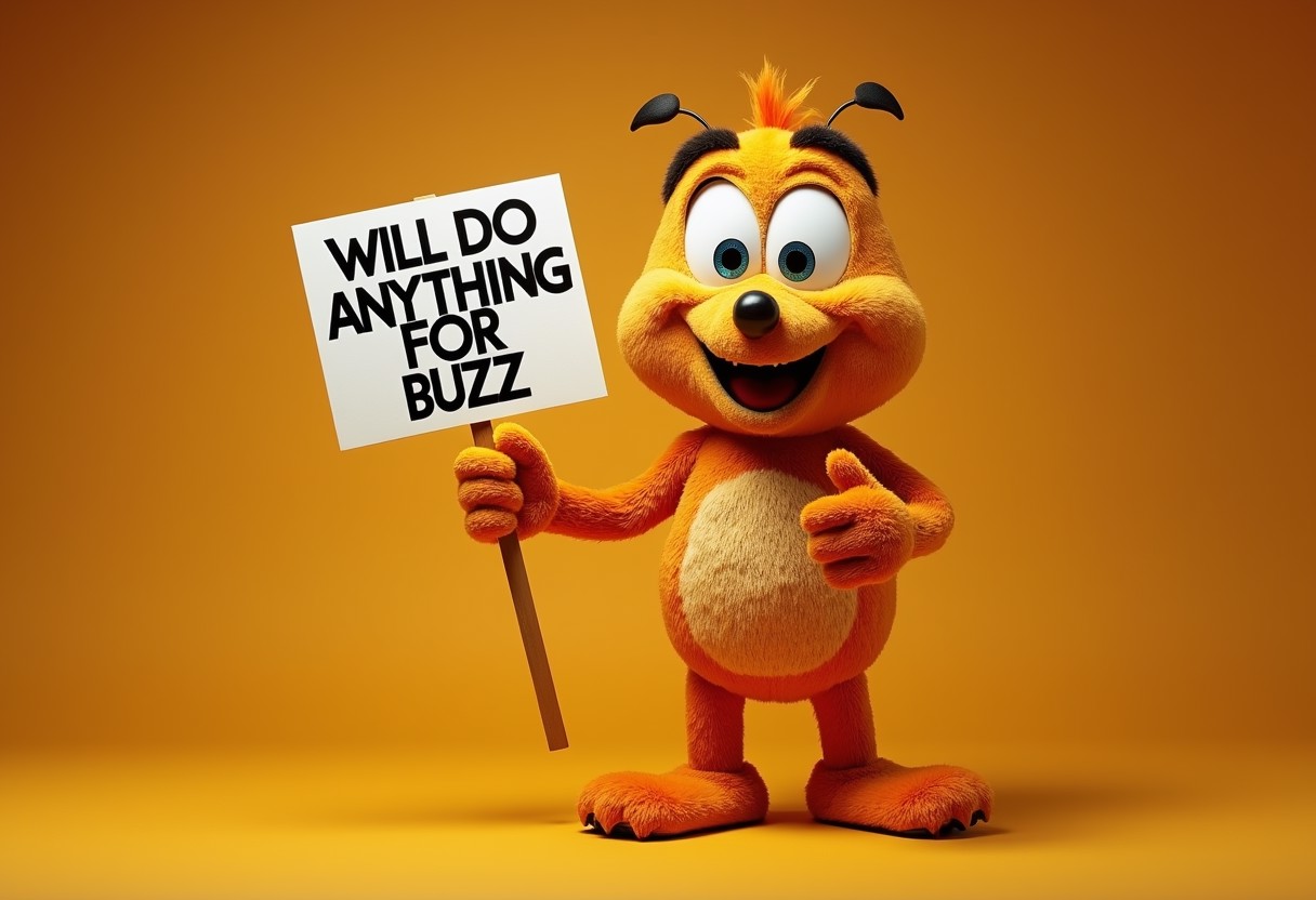 incredibly accurate photo-realistic photo of Buzz the Mascot for Honey Nut Cheerios, in a coquettish suggestive pose, Holding sign that reads "WILL DO ANYTHING FOR BUZZ"