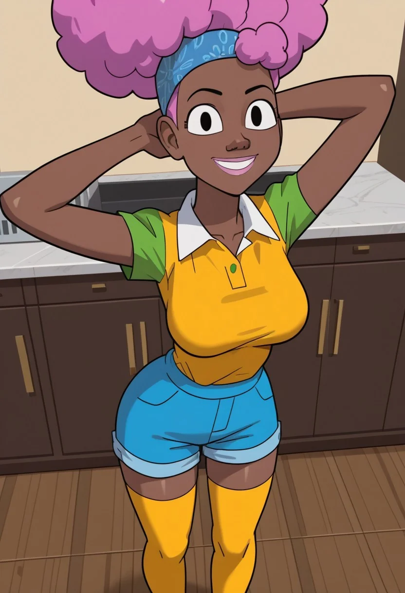 ((room background)),score_9, score_8_up, score_7_up,score_6_up,
1girl, solo, Harriet_CH, dark brown skin, black eyes, orchid hair, blue head bandana, afro puff, voluminous fluffy Hair, yellow and green polo shirt, light blue skinny shorts, yellow thigh high socks, black ballet flats, big eyes, cute, tall stature, social smile, perfect eyes, perfect smile, looking at the viewer, detailed eyes, perfect eyes, standing, big breasts (front pose, front view, full body shot, high angle view:1) five fingers, perfect hands, (hand on hip, hand behind head)