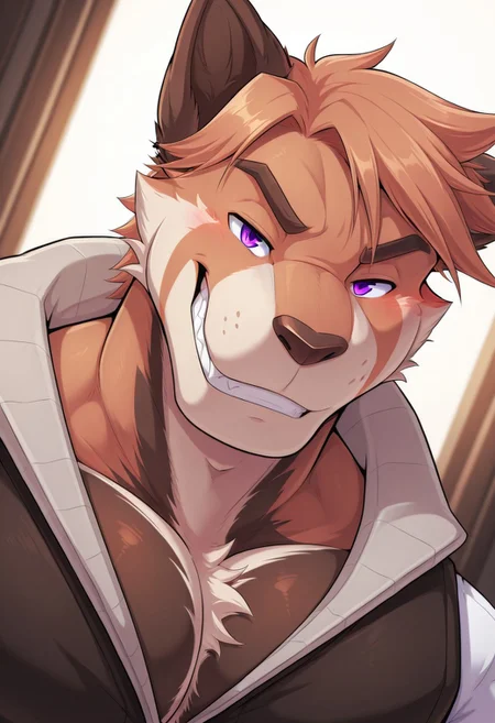 <lora:OwenLoreleiV3:1>, owen lorelei, solo, grin, purple eyes, orange fur, male, muscular, dynamic angle, face focus, portrait, jacket, white sleeves, BREAK masterpiece, best quality, amazing quality, very aesthetic, high resolution, 4K, ultra-detailed, depth of field, separate focus, newest, detailed background, beautiful, cinematic lighting, detailed eyes, furry