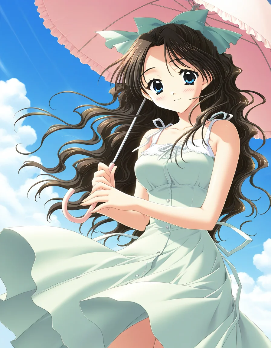 general,highres, ultra-detailed,very aesthetic,best quality ,best hands, BREAK <lora:Shirai_Yuuri_IS:1>ShiraiYuuri, 1girl, long hair, brown hair, blue eyes, hair bow, ribbon, black hair, wavy hair, hair ribbon, breasts,light smile,
1girl, solo, umbrella, light green dress, day, wind, ribbon, long hair, blue eyes, black hair, hair ribbon, dutch angle, sundress, cloud, parasol, outdoors, sky, wind lift, smile, blush, wavy hair