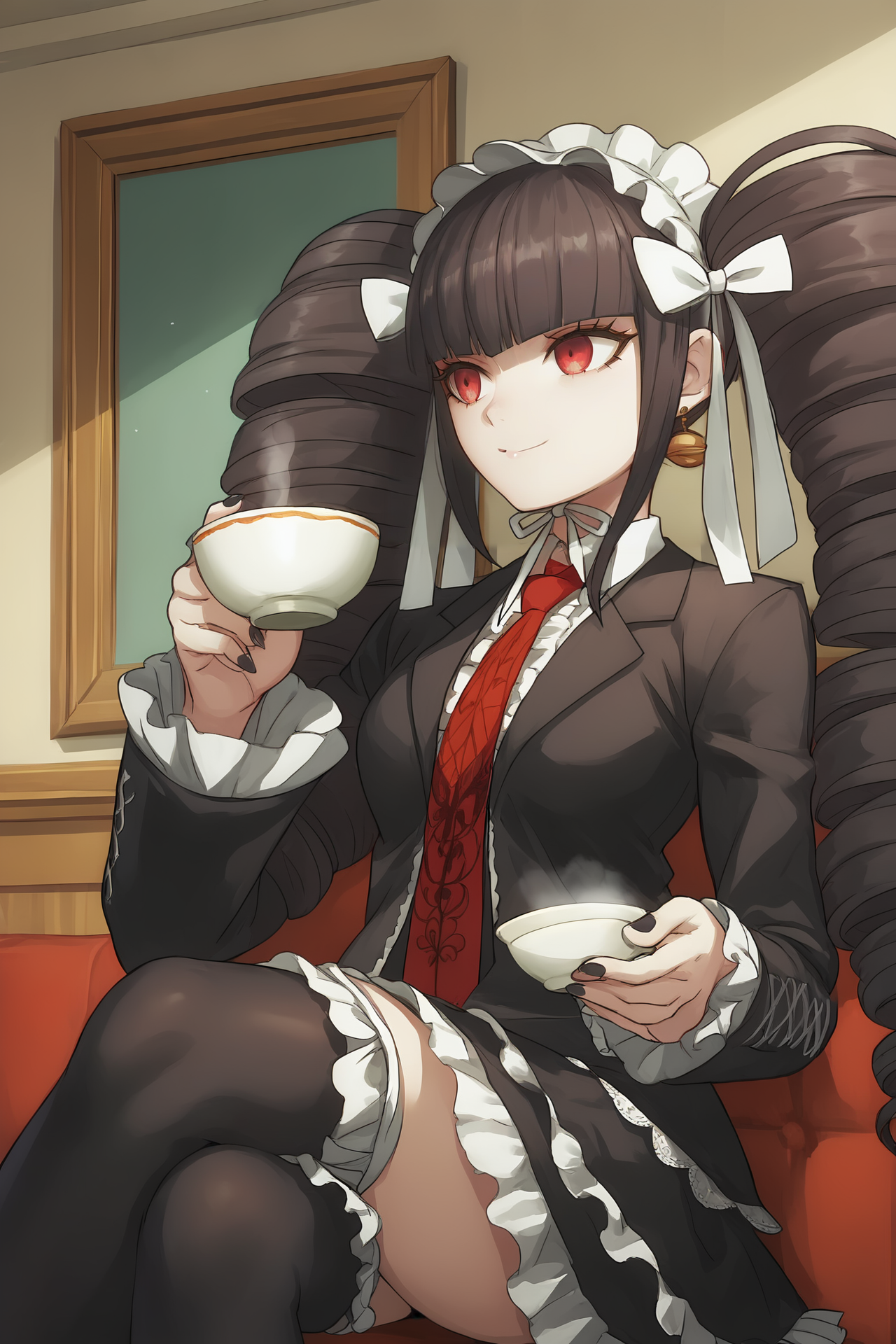 source_anime, score_9, score_8_up, score_7_up, anime screencap,8k, absurd res,
celestia ludenberg, 1girl, solo, long hair, smile, bangs, white shirt, black hair, red eyes, long sleeves, holding, twintails, looking at another, sitting, bell earrings, frills, print necktie, black thighhighs, black skirt, nail polish, cup, black jacket, drill hair, crossed legs, frilled sleeves, red necktie, black nails, holding cup, twin drills, teacup, gothic fashion, layered skirt, bonnet, claw ring, frilled thighhighs, frilled skirt
 <lora:celestia_pony_v3:0.8>