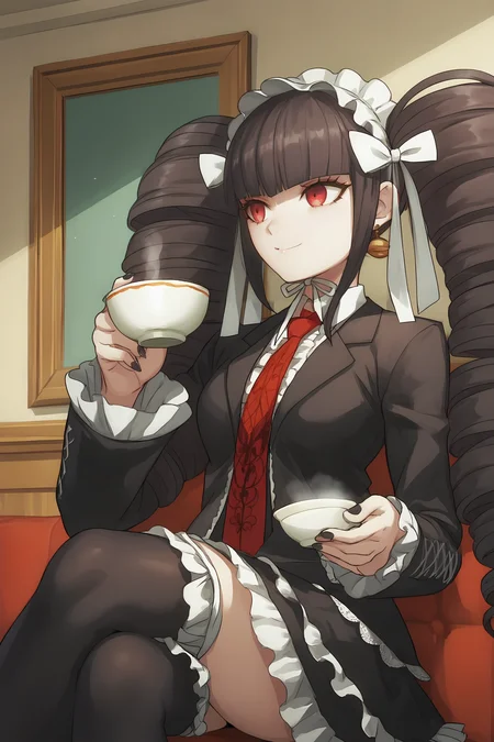 source_anime, score_9, score_8_up, score_7_up, anime screencap,8k, absurd res,
celestia ludenberg, 1girl, solo, long hair, smile, bangs, white shirt, black hair, red eyes, long sleeves, holding, twintails, looking at another, sitting, bell earrings, frills, print necktie, black thighhighs, black skirt, nail polish, cup, black jacket, drill hair, crossed legs, frilled sleeves, red necktie, black nails, holding cup, twin drills, teacup, gothic fashion, layered skirt, bonnet, claw ring, frilled thighhighs, frilled skirt
<lora:celestia_pony_v3:0.8>