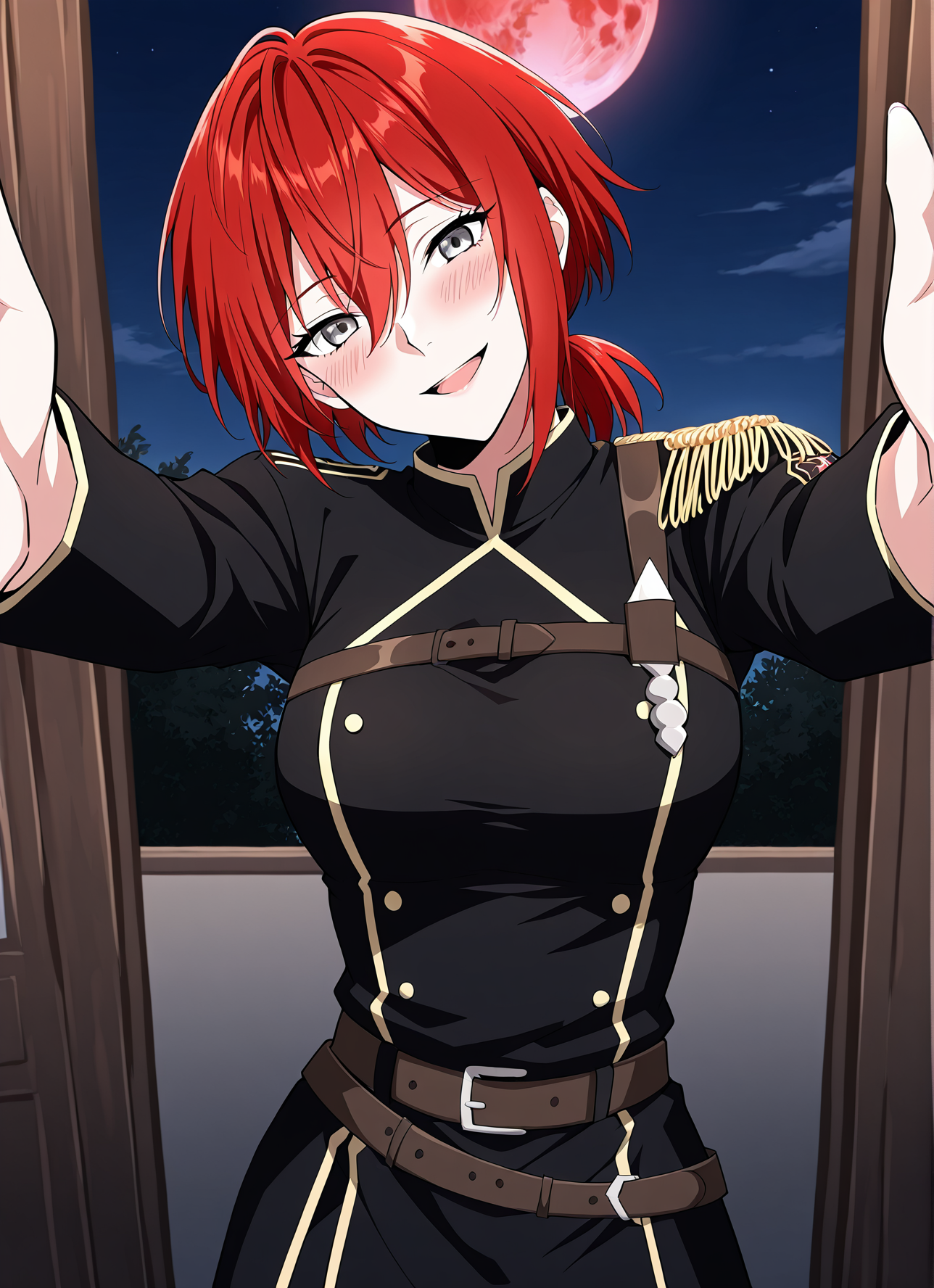 <lora:Claire_Bladeheart__The_Beginning_After_the_End__Illustrious:1>
1 girl, solo, grey eyes, red hair, ponytail, low ponytail, short hair, hair between eyes, bangs, black uniform, black jacket, black pants, epaulettes, long sleeves, belt, double-breasted
score_9, score_8_up, score_7_up, score_6_up, source_anime, rating_explicit, 1girl, solo, smile, embarrassed, alcalose eyes, open mouth, looking at viewer, outstretched arms, pov, close-up, (head tilt:1.2), night, red moon,