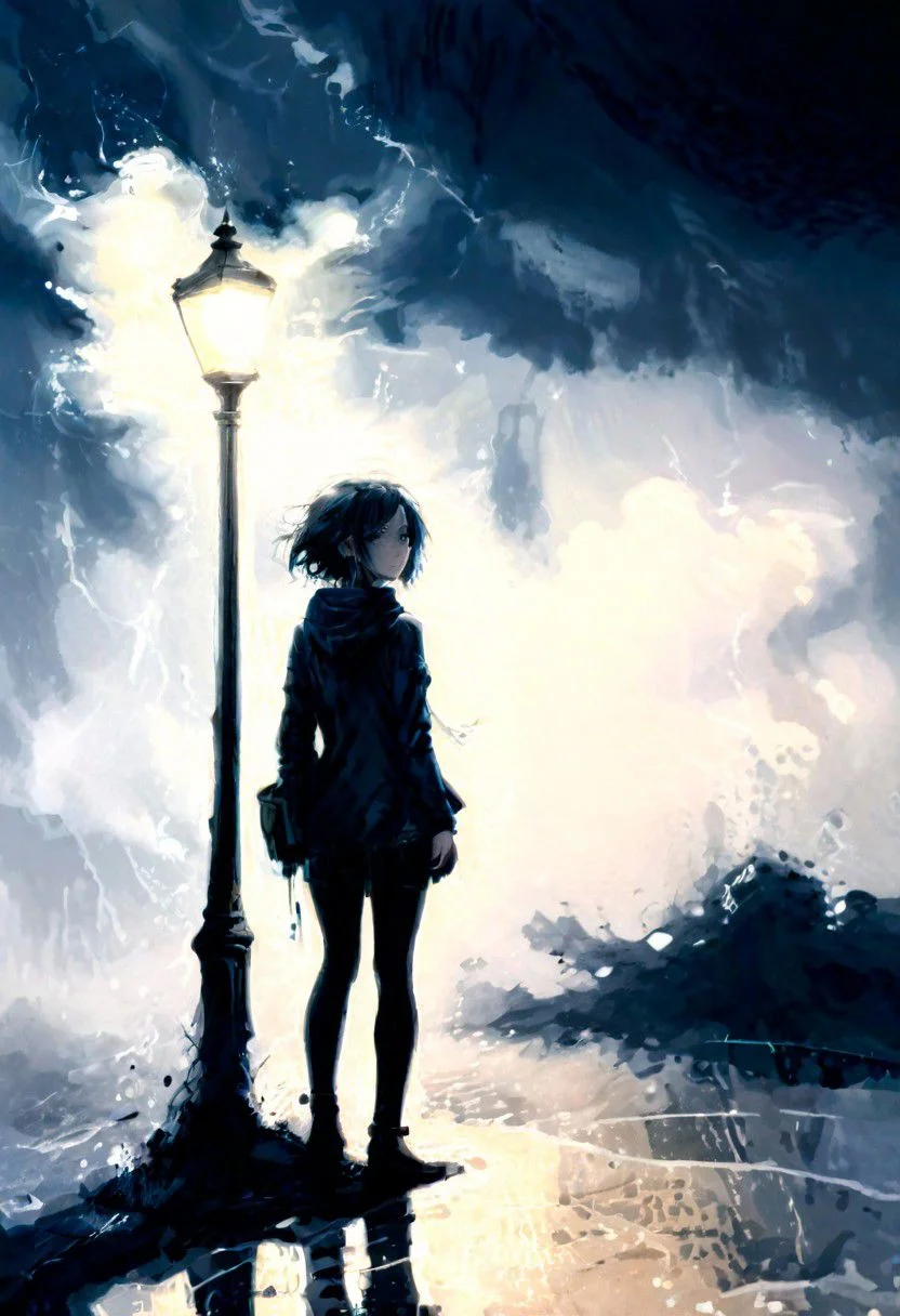 linquivera, liiv1, (anime:0.3), inkpunk, art by alexeyegorov inked, girl waiting, bleak, ink splashes, ink spots, ink smears, evoking loneliness and solitude, bold strokes, ink illustration, torrential thunderstorm, very windy, night, very dark, water splashing, water spraying, vision obscured, gray and black and dark blue tones, with a small touch of rgb colors, desolate, lamppost, puddles, distant headlights liiv1