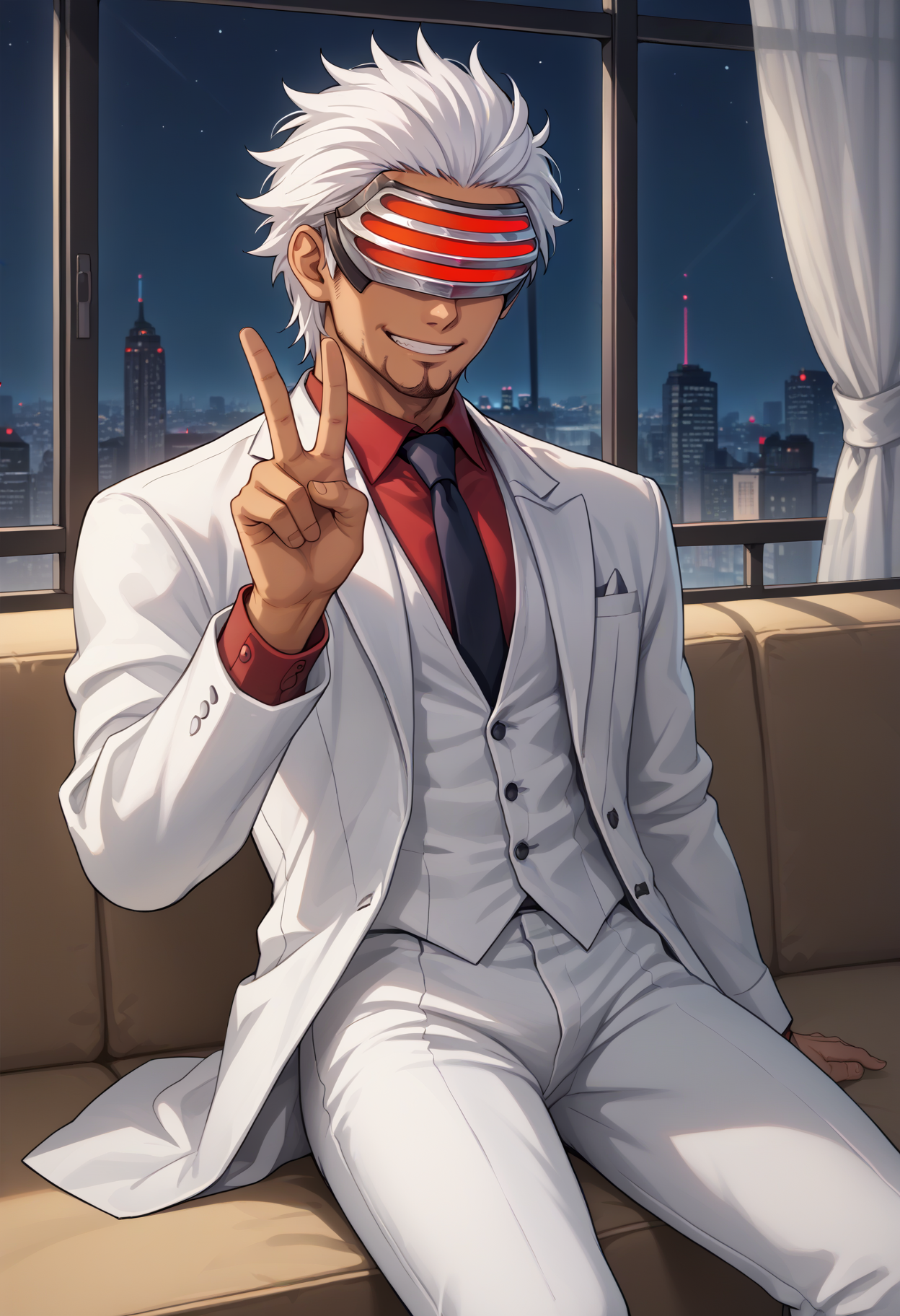 score_9, score_7_up, source_anime, 1boy, sitting, smile, looking at viewer, peace sign, <lora:GodotAA-pdxl:1> gdAA, white hair, short hair, mask, covered eyes, dark-skinned male, beard, collared shirt, red shirt, white jacket, long sleeves, formal, white suit, white pants, indoors, night, window, city