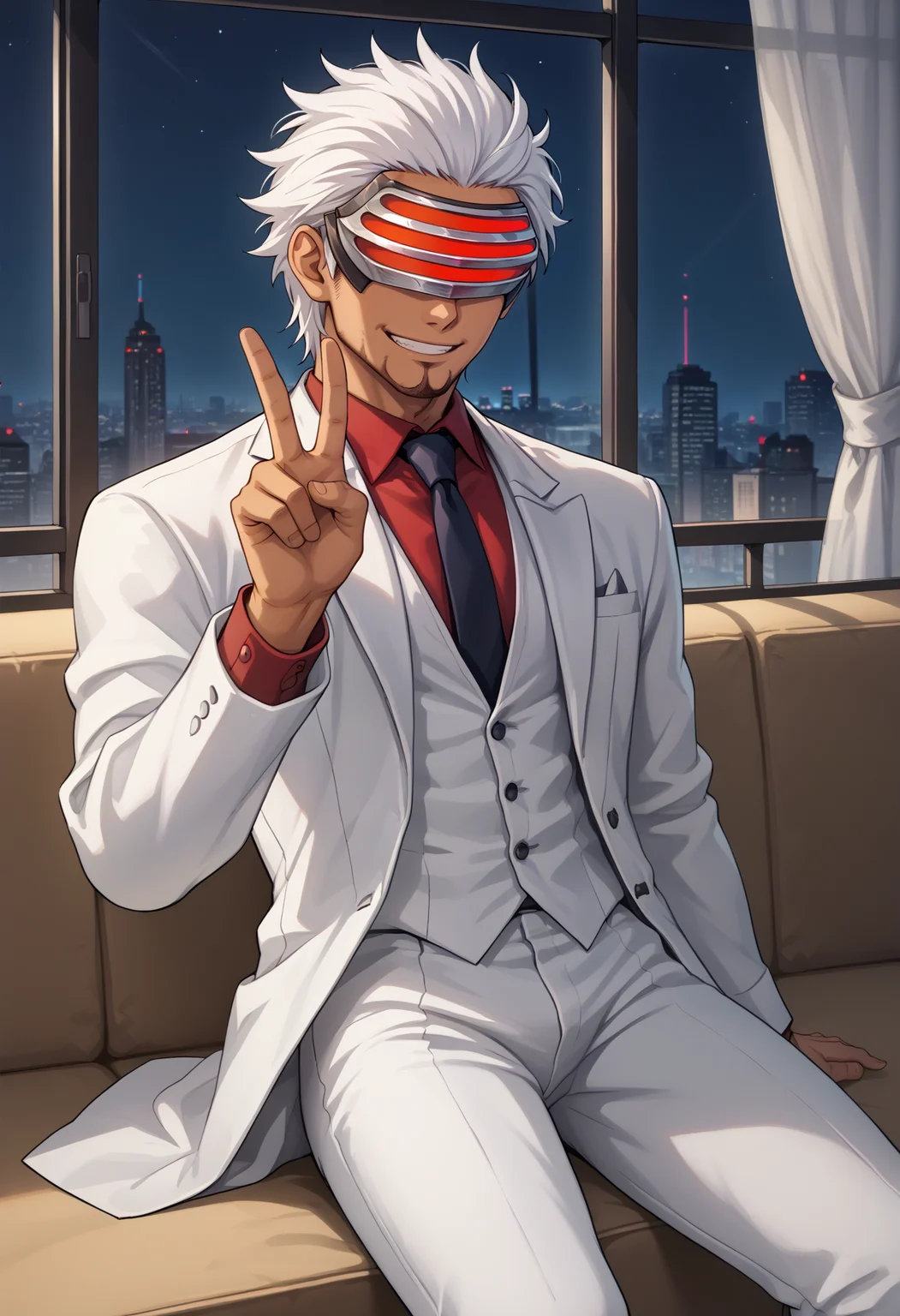score_9, score_7_up, source_anime, 1boy, sitting, smile, looking at viewer, peace sign, <lora:GodotAA-pdxl:1> gdAA, white hair, short hair, mask, covered eyes, dark-skinned male, beard, collared shirt, red shirt, white jacket, long sleeves, formal, white suit, white pants, indoors, night, window, city