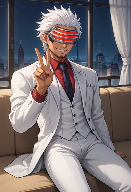 score_9, score_7_up, source_anime, 1boy, sitting, smile, looking at viewer, peace sign, <lora:GodotAA-pdxl:1> gdAA, white hair, short hair, mask, covered eyes, dark-skinned male, beard, collared shirt, red shirt, white jacket, long sleeves, formal, white suit, white pants, indoors, night, window, city