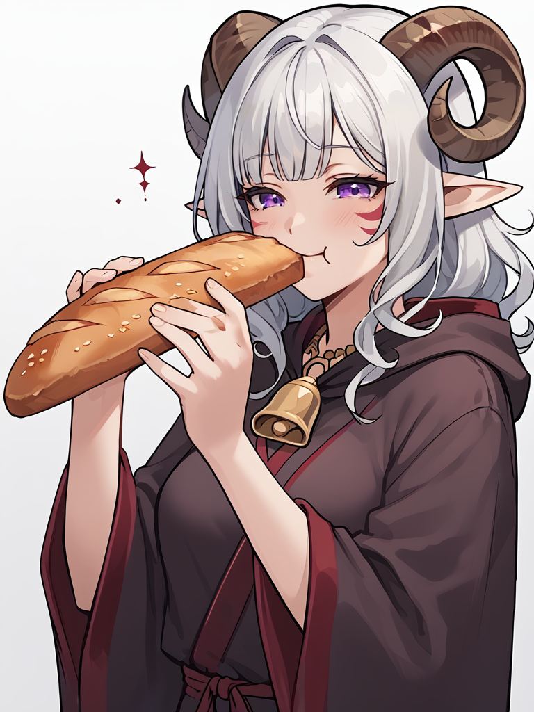 <lora:baguette:0.8> baguette, holding food, eating, source_furry, score_7_up, rating_safe, cowboy shot, gold necklace, tiefing, short pointed ears,brown horns, (a pair of brown sheep Horns that begin at her temples and curve back: 1.5), bangs,long silver hair long wavy hair, pale skin,<lora:whisker_markings:0.8> red whisker_markings:1.4 , pointy ears, purple eyes:1.2, <lora:age_slider_v4:0.6>   medium breasts, skinny female, close up, silver hair, <lora:Tieflingnew weird fantasyDND:0.3> Tiefling, pointed ears, horns,  half-closed eyes:1.5,<lora:Smooth Style 2 SDXL_LoRA_Pony Diffusion V6 XL:0.5>  bell, robe, hood off, <lora:Nanoless_Artist_Style_PonyXL:0.3>happy face,
