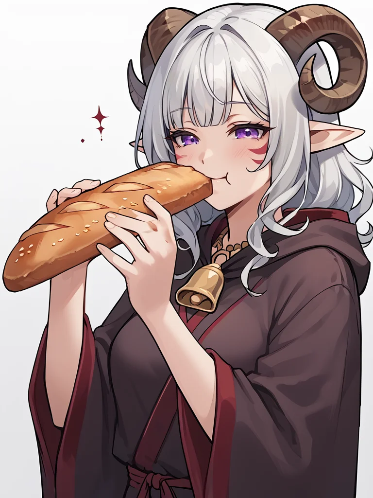 <lora:baguette:0.8> baguette, holding food, eating, source_furry, score_7_up, rating_safe, cowboy shot, gold necklace, tiefing, short pointed ears,brown horns, (a pair of brown sheep Horns that begin at her temples and curve back: 1.5), bangs,long silver hair long wavy hair, pale skin,<lora:whisker_markings:0.8> red whisker_markings:1.4 , pointy ears, purple eyes:1.2, <lora:age_slider_v4:0.6>   medium breasts, skinny female, close up, silver hair, <lora:Tieflingnew weird fantasyDND:0.3> Tiefling, pointed ears, horns,  half-closed eyes:1.5,<lora:Smooth Style 2 SDXL_LoRA_Pony Diffusion V6 XL:0.5>  bell, robe, hood off, <lora:Nanoless_Artist_Style_PonyXL:0.3>happy face,