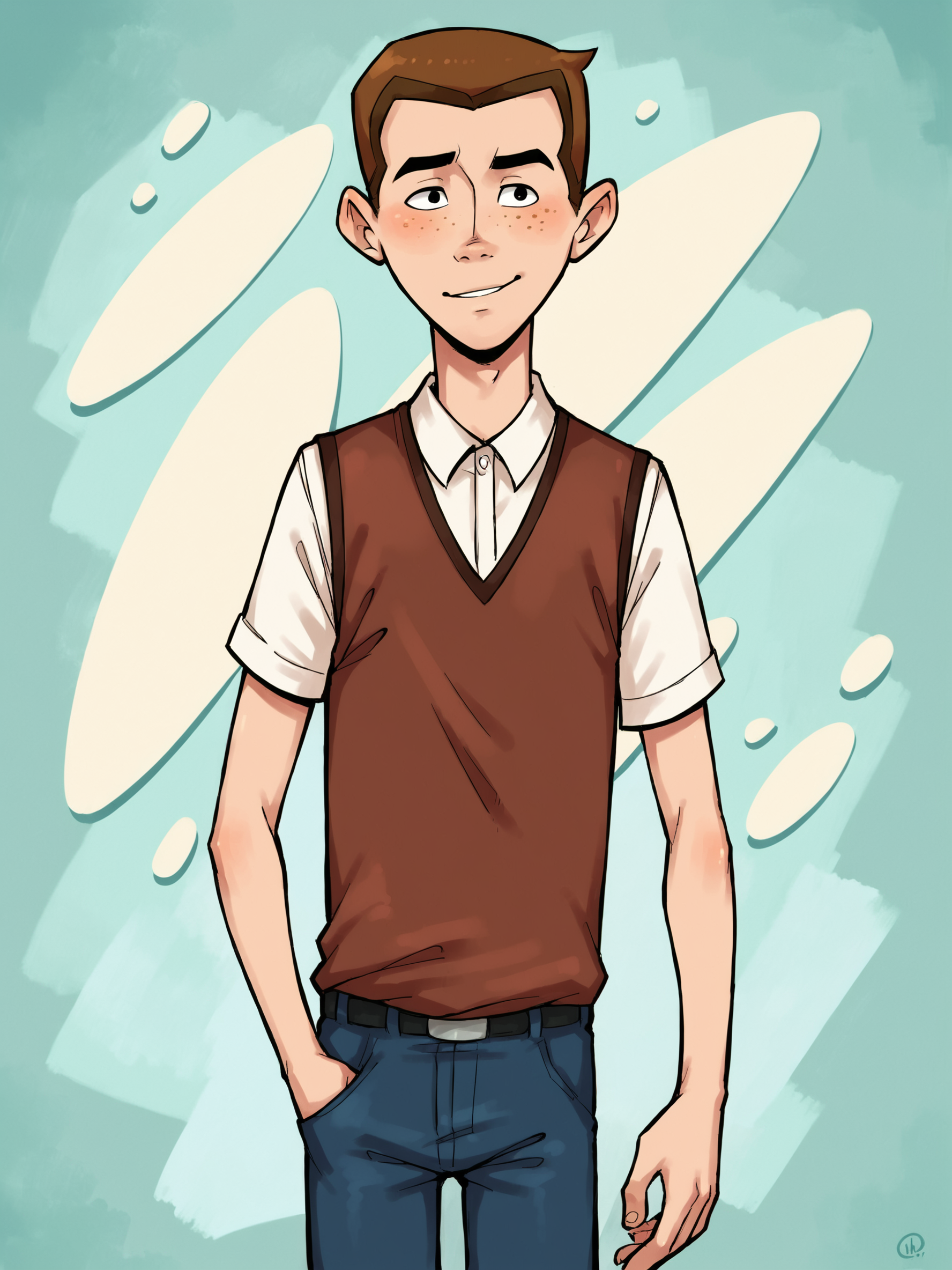 score_9, score_8up, score_7up, score_6up, score_5up, score_4up, abstract background, source_anime, rating_explicit, BREAK
solo, 1boy, young male, vb_dean, brown hair, black eyes, freckles, white shirt, brown vest, pants, BREAK
 <lora:Dean_Venture_Classic_-_The_Venture_Brothers_-_PDXL:1>