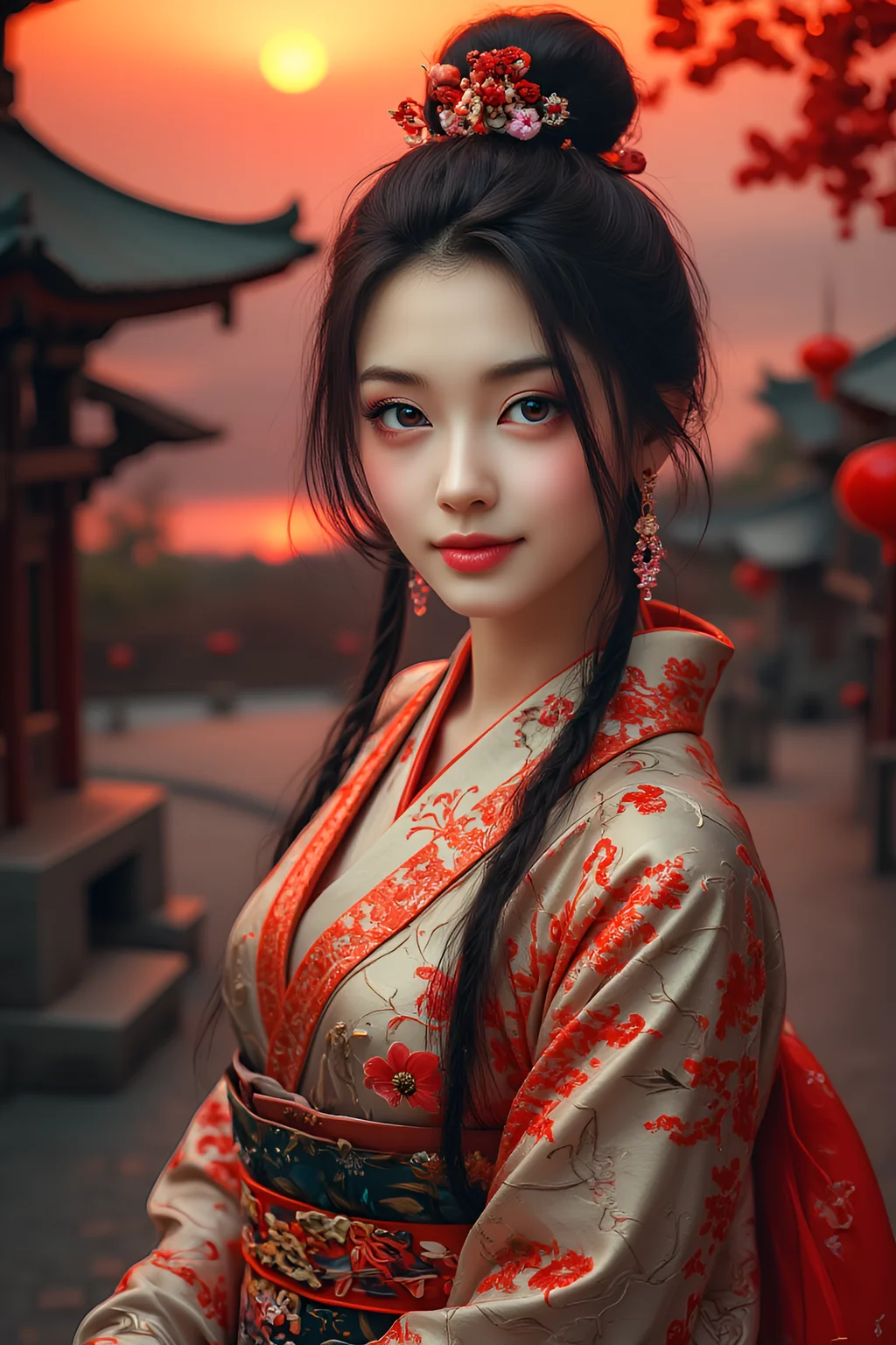 photo of an smiling Asian female wearing Japanese clothes, scenery tinged red by the setting sun, serene temple garden, highly detailed