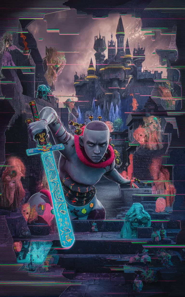 A Man from The Glitch picks up a beautiful glowing sword from the cracks of the ethers, colorful 2.5D illustration