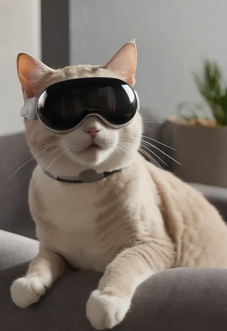 a cat wearing vsnz headset <lora:AppleVisionProDoguXL_vsnz:1>
