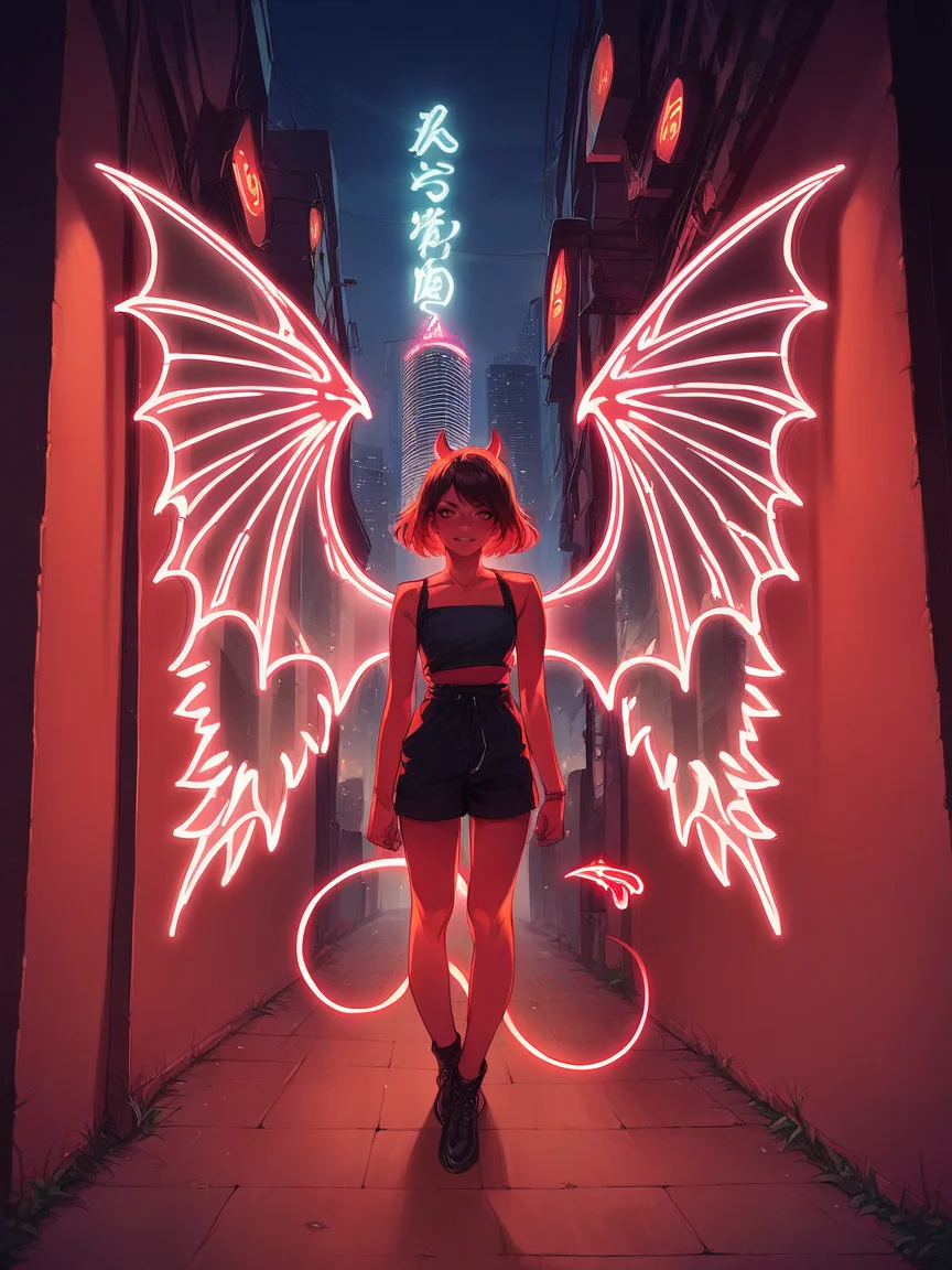 score_9, score_8_up, score_7_up, score_6_up, score_5_up, source_anime, <lora:n30nw1ngsXLP2:1> n30nw1ngs, neon light wings, wings, demon, cityscape,