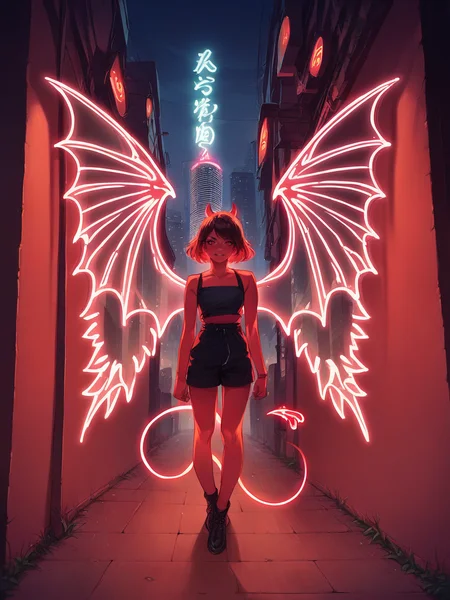 score_9, score_8_up, score_7_up, score_6_up, score_5_up, source_anime, <lora:n30nw1ngsXLP2:1> n30nw1ngs, neon light wings, wings, demon, cityscape,