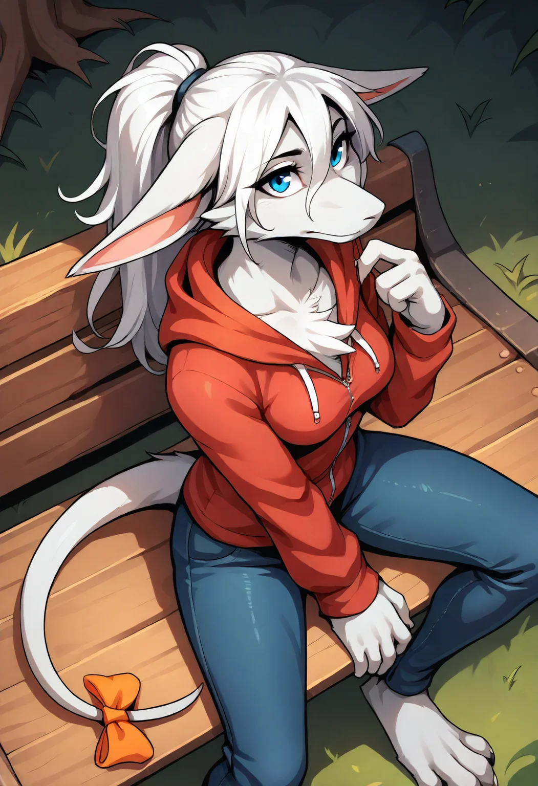 freyac, white fur, grey fur, white hair, tail, tailbow, orange tailbow, blue eyes, messy hair, ponytail, ears back, tail, medium breasts, red hoodie, jeans, long hair, from front, from side, from above, one hand up, hand up, mouth closed, barefoot, sitting on bench, thoughtful,
BREAK, solo, 1girl, stylized, looking up, thoughtful, grass, outdoors, ears down, curled tail, flat color, soft shading, ears,
, <lora:Freya11b s97:1>