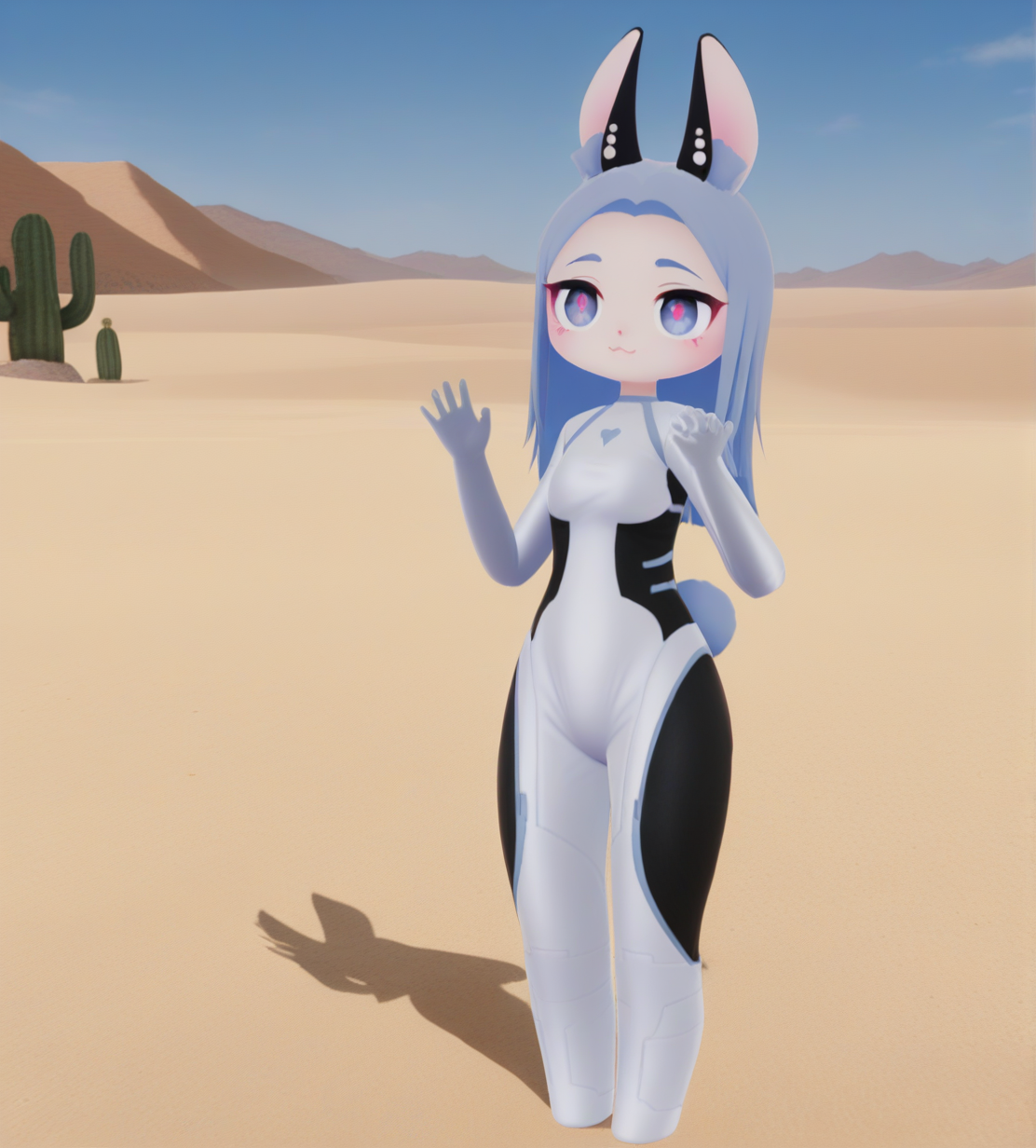 <lora:space_bun-000005:1>,1girl, space bun,blue hair,long hiar,rabbit tail, blue eyes,forehead,short bangs,rabbit ears,flat chest,chibi face,
bodysuit,two-tone bodysuit,white bodysuit, black bodysuit,
desert, dunes, cactus, heat,
very awa, masterpiece, best quality, highres, absurdes,amazing quality,very aesthetic,intricate details,scenery,<lora:hand 5.5:1>