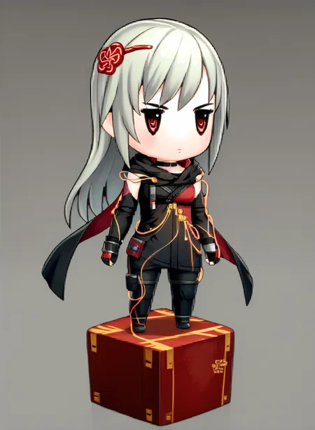 score_9, score_7_up, source_anime, solo, 1girl, expressionless, <lora:zs_PictlogicaStyleXL:1> ffpictlogicastyle, chibi, full body, faux figurine, <lora:KasaneSN-pdxl:1> defKasane, long hair, hair ornament, choker, black jacket, black scarf, red cape, detached sleeves, cables, red gloves, fingerless gloves, black pants, shoes