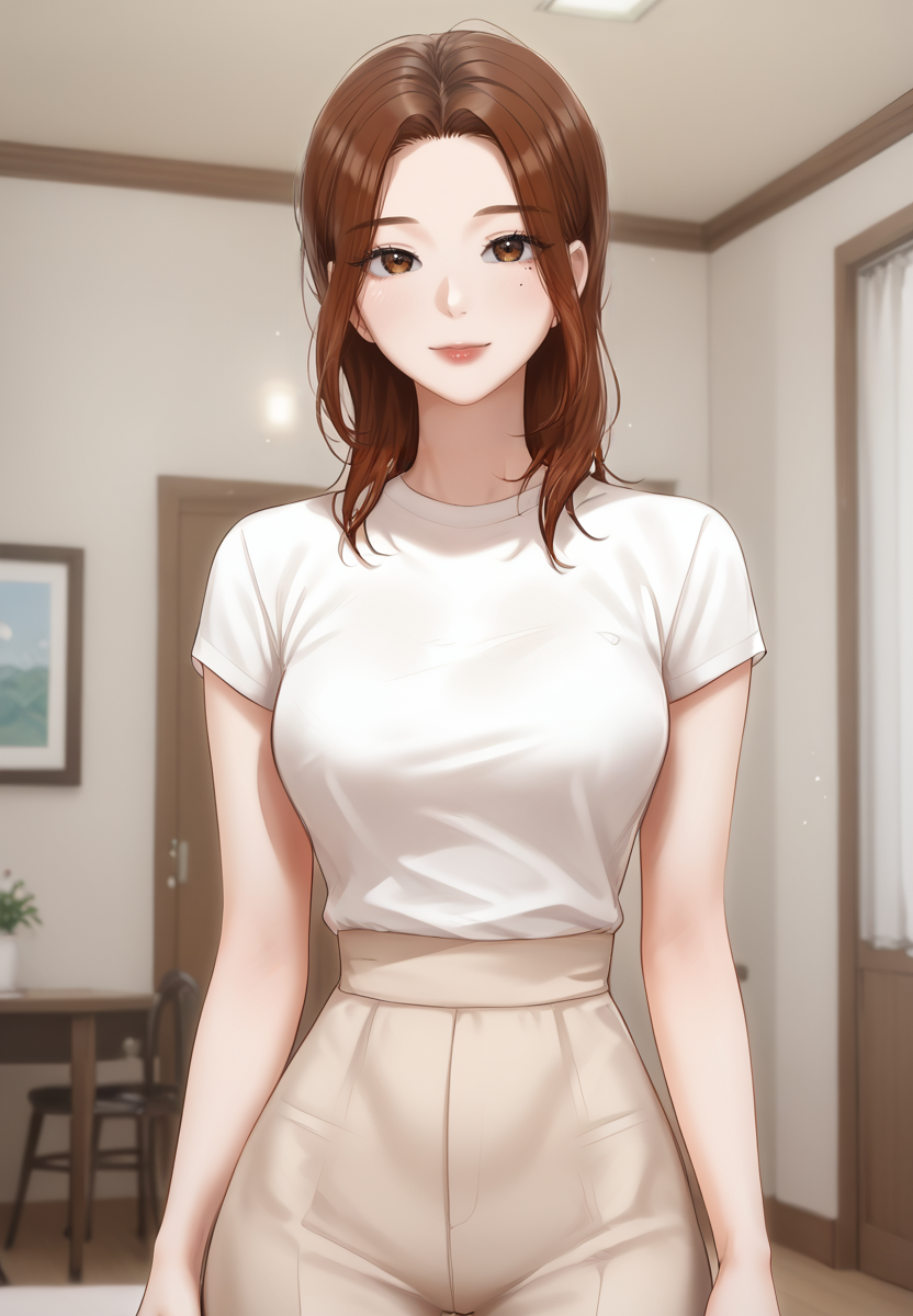 zPDXL3, score_9_up, score_8_up, score_7_up, (Anime_source),Masterpiece,(perfect female body:1.2), small waist,(incredibly detailed:1.4), slim, beautiful fingers, beautiful white skin, Beautiful clear skin, (thick thighs), cowboy shot, looking at viewer, (facing viewer:1.5), , <lora:Hyeonjung_Lee_-_Hyeonjungs_Residence-PONY-Kaleid:0.8> hyeonjunglee, 1girl, brown hair, brown eyes, mole under eye, long hair, indoors, parted bangs, shirt,