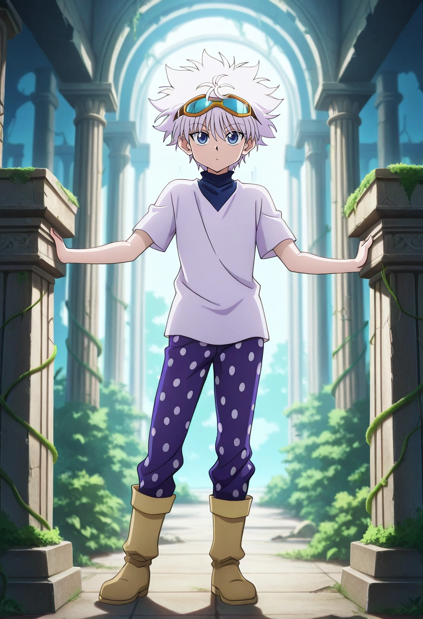 masterpiece, best quality, intricate details, anime screencap, , official style, looking at viewer, depth of field, 1boy, solo, male focus, <lora:killua_zoldyck_ilxl:0.9>, killua_zoldyck, white hair, blue eyes, short hair, spiked hair, bangs, messy hair, ancient ruins, stone pillars, overgrown vines, broken statues, exploring pose, curious expression, morning light, Polka dot Pleated golf pants, Linen shirt, Chukka boots, , Swimming Goggles