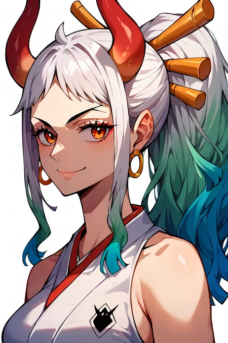 <lora:yamato_OP_XL_v1:1> score_9,score_8_up,score_7_up,score_6_up, yamato \(one piece\), 1girl, solo, japanese clothes, multicolored hair, jewelry, earrings, sleeveless kimono, hair ornament, kimono, curled horns, long hair, oni, upper body, smile, rope, breasts, hair stick, sleeveless, shimenawa, white background, closed mouth, hoop earrings, bare shoulders, simple background, ponytail