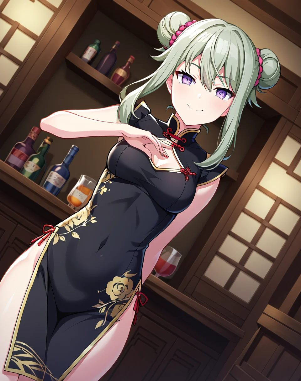 kusanagi_nene, long hair, green hair, purple eyes, official art, double bun, tied hair, chinese clothes, black dress, BREAK indoors, bar, BREAK standing, happy face, smile, dynamic pose, looking at viewer, BREAK score_9, score_8_up, score_7_up, source_anime ,zPDXL, perfect hand, <lora:Kusanagi_Nene:0.8>, dutch angle, cowboy shot