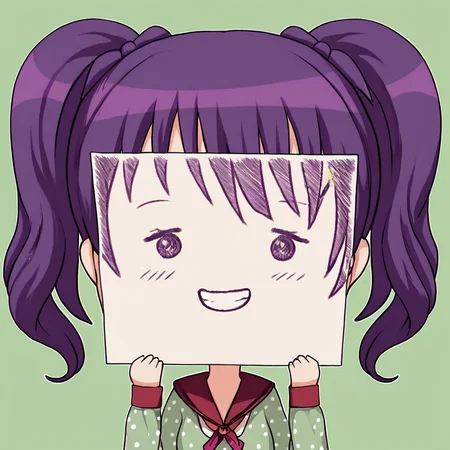 score_9, score_8_up, score_7_up, <lora:PaperLikeFacePony:0.8>
PaperLikeFace, 1girl, solo, blush, bangs, simple green background, long sleeves, twintails with purple scrunchies, upper body, chibi style, wearing a polka dot dress with a sailor collar, purple hair, smile with teeth showing, holding a paper,