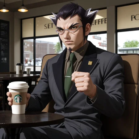 weapon, coat, male focus, tclenched hands, formal, jacket, spiked hair, day, black hair, shirt, indoors, sitting, drinking coffee, coffee shop, wearing glasses, solo, 1male
